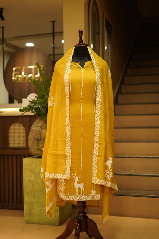 Mustard Mul Chanderi Suit with Applique Work