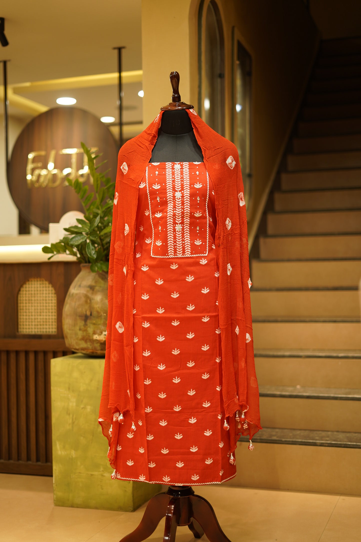 Red Cotton Printed Suit with Hand Work