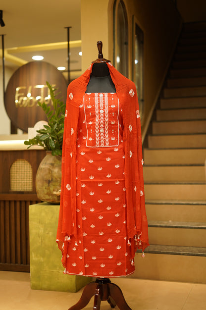 Red Cotton Printed Suit with Hand Work