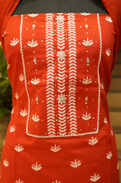 Red Cotton Printed Suit with Hand Work