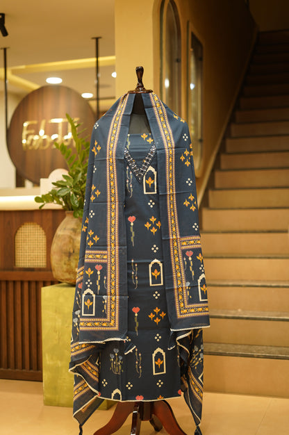 Blue Printed Cotton Suit with Mirror Work