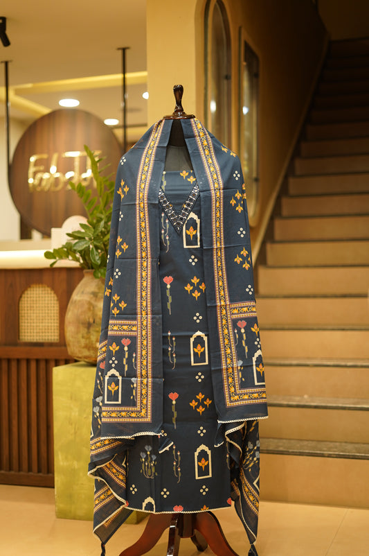 Blue Printed Cotton Suit with Mirror Work