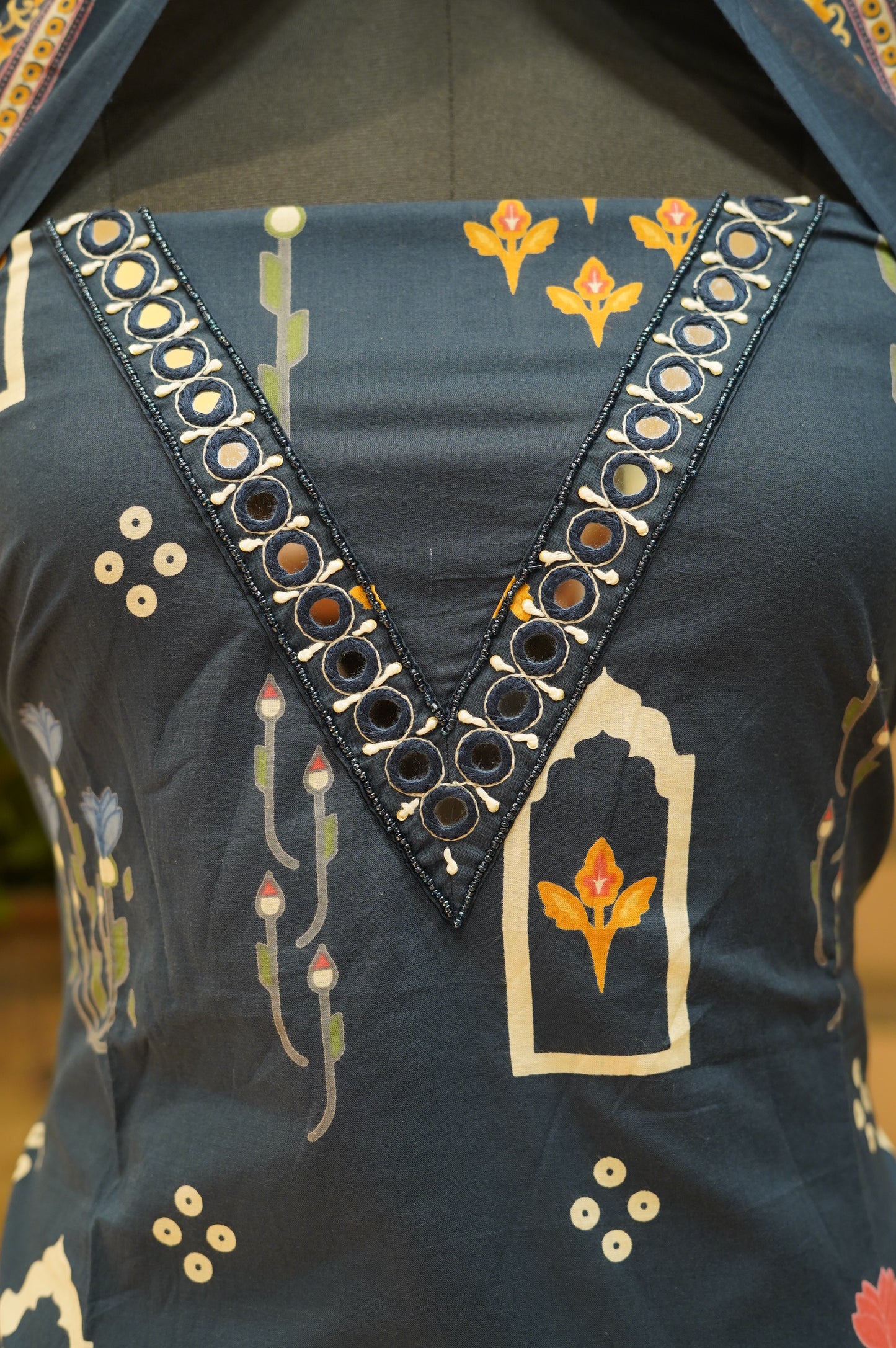 Blue Printed Cotton Suit with Mirror Work