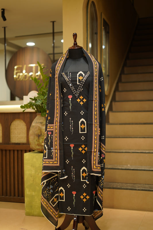 Black Cotton Printed Suit with Mirror Work
