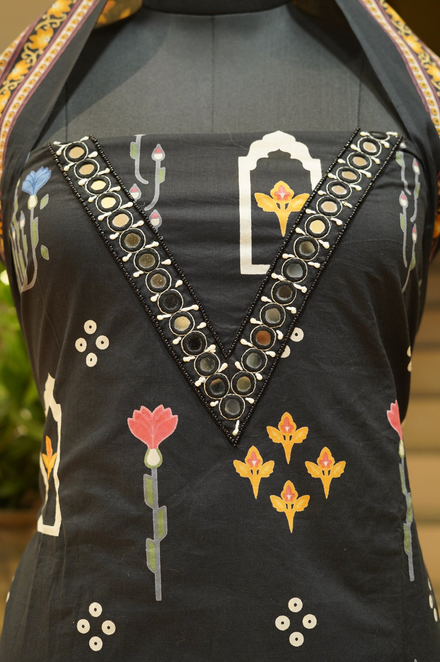 Black Cotton Printed Suit with Mirror Work