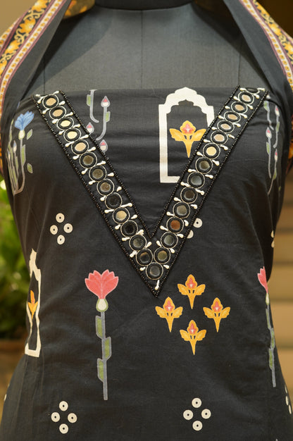 Black Cotton Printed Suit with Mirror Work