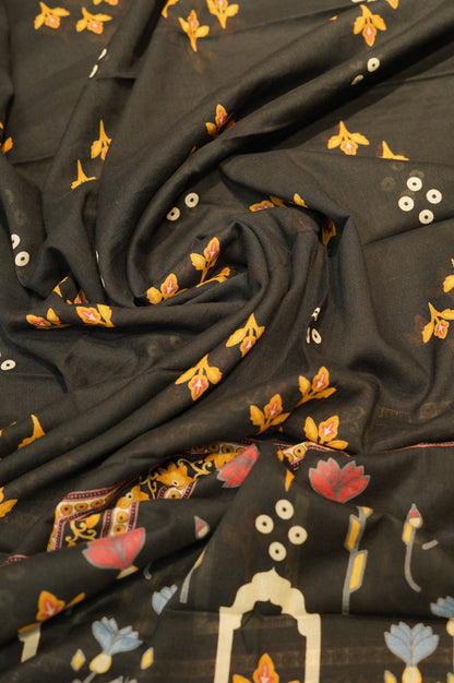 Black Cotton Printed Suit with Mirror Work