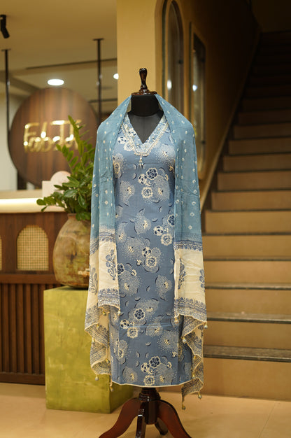 Blue Printed Cotton Suit with Handwork