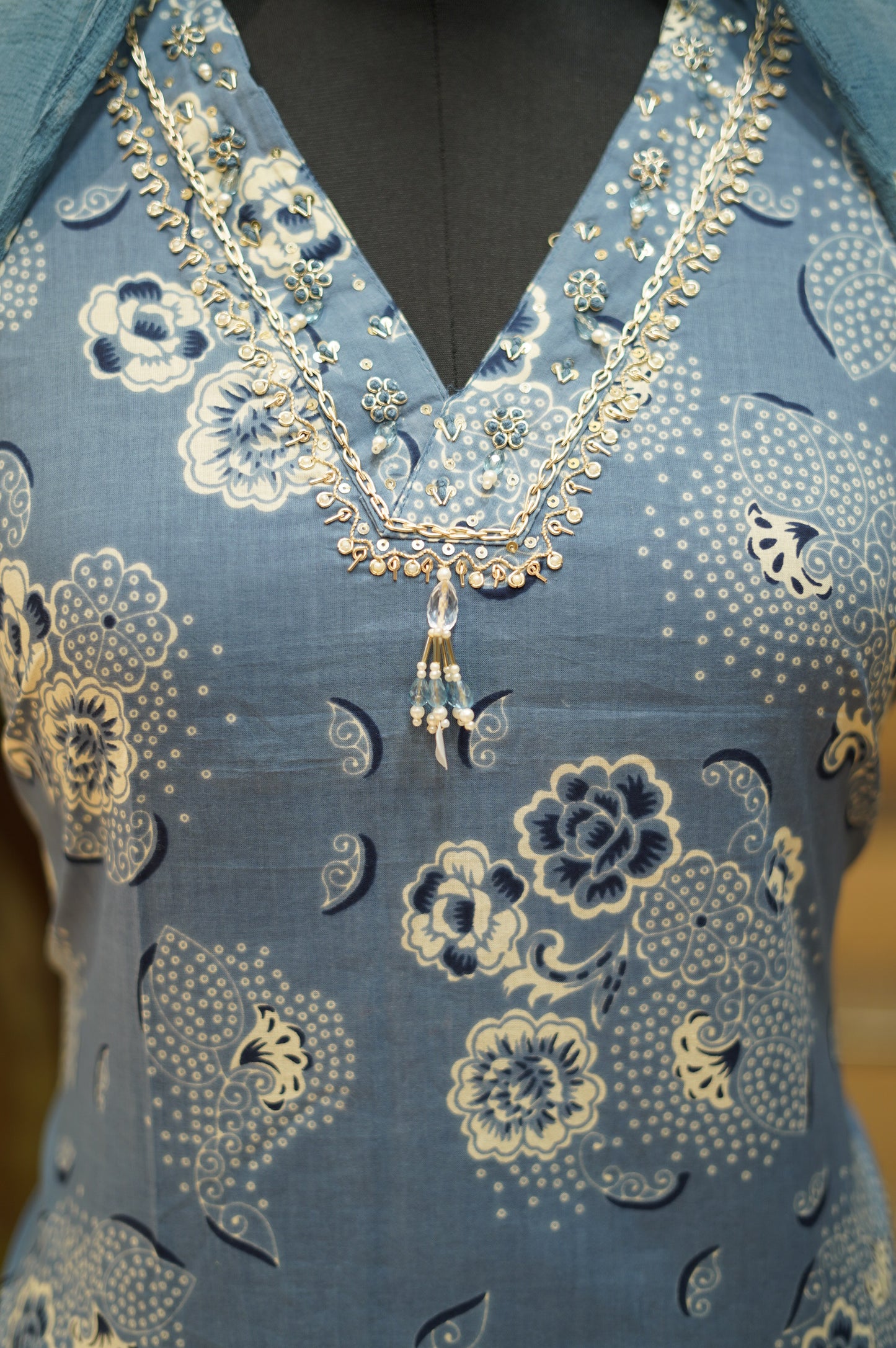 Blue Printed Cotton Suit with Handwork