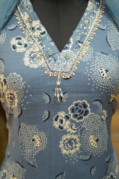 Blue Printed Cotton Suit with Handwork