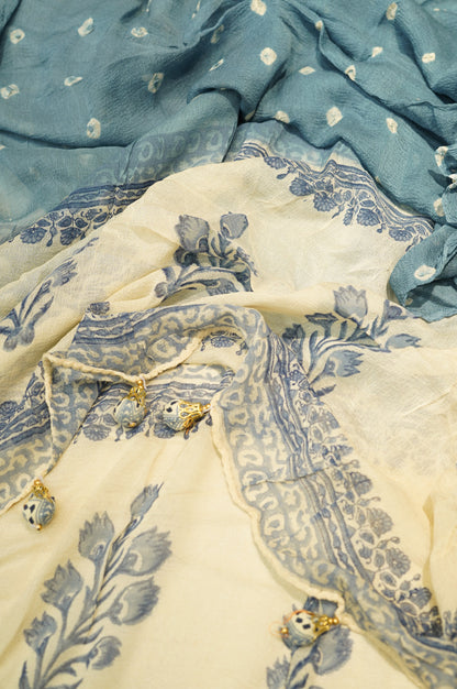 Blue Printed Cotton Suit with Handwork