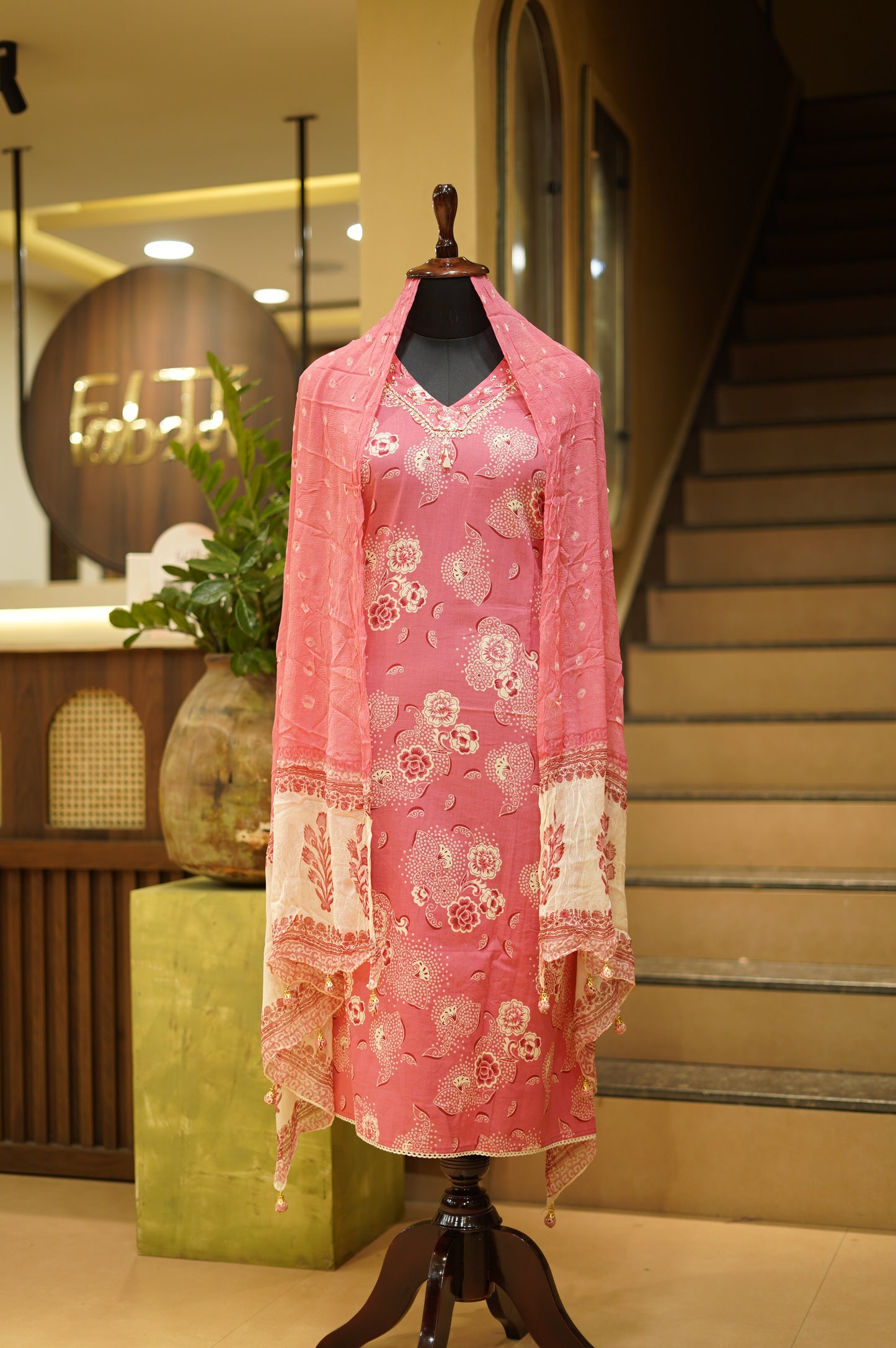 Pink Cotton Printed Suit with Handwork