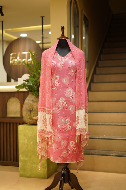 Pink Cotton Printed Suit with Handwork