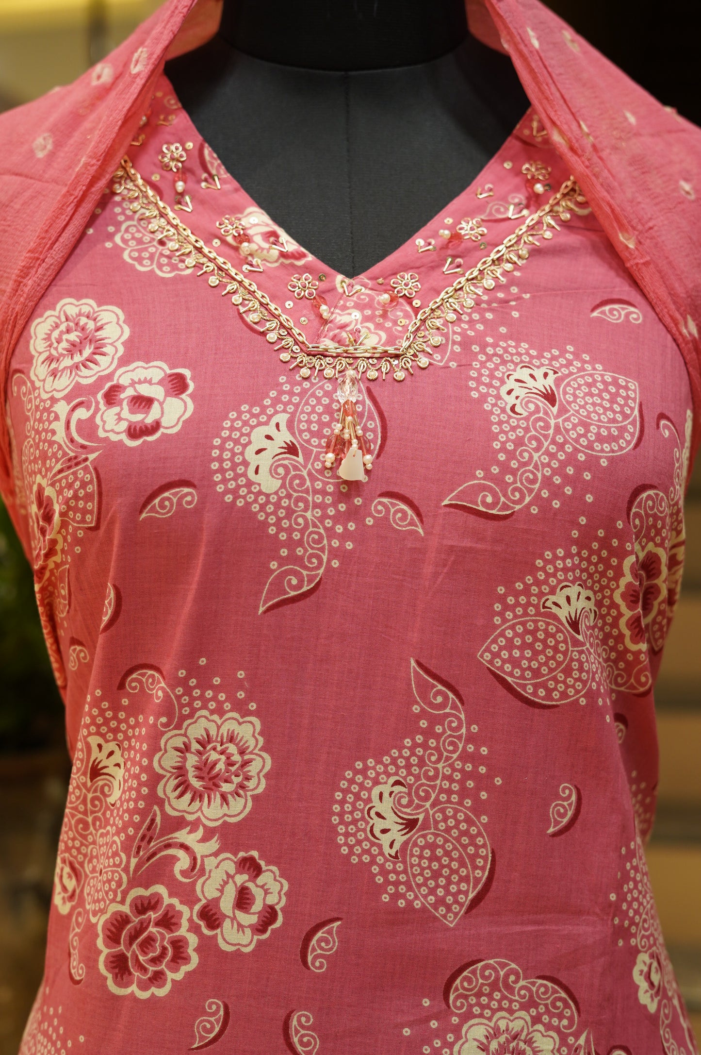 Pink Cotton Printed Suit with Handwork