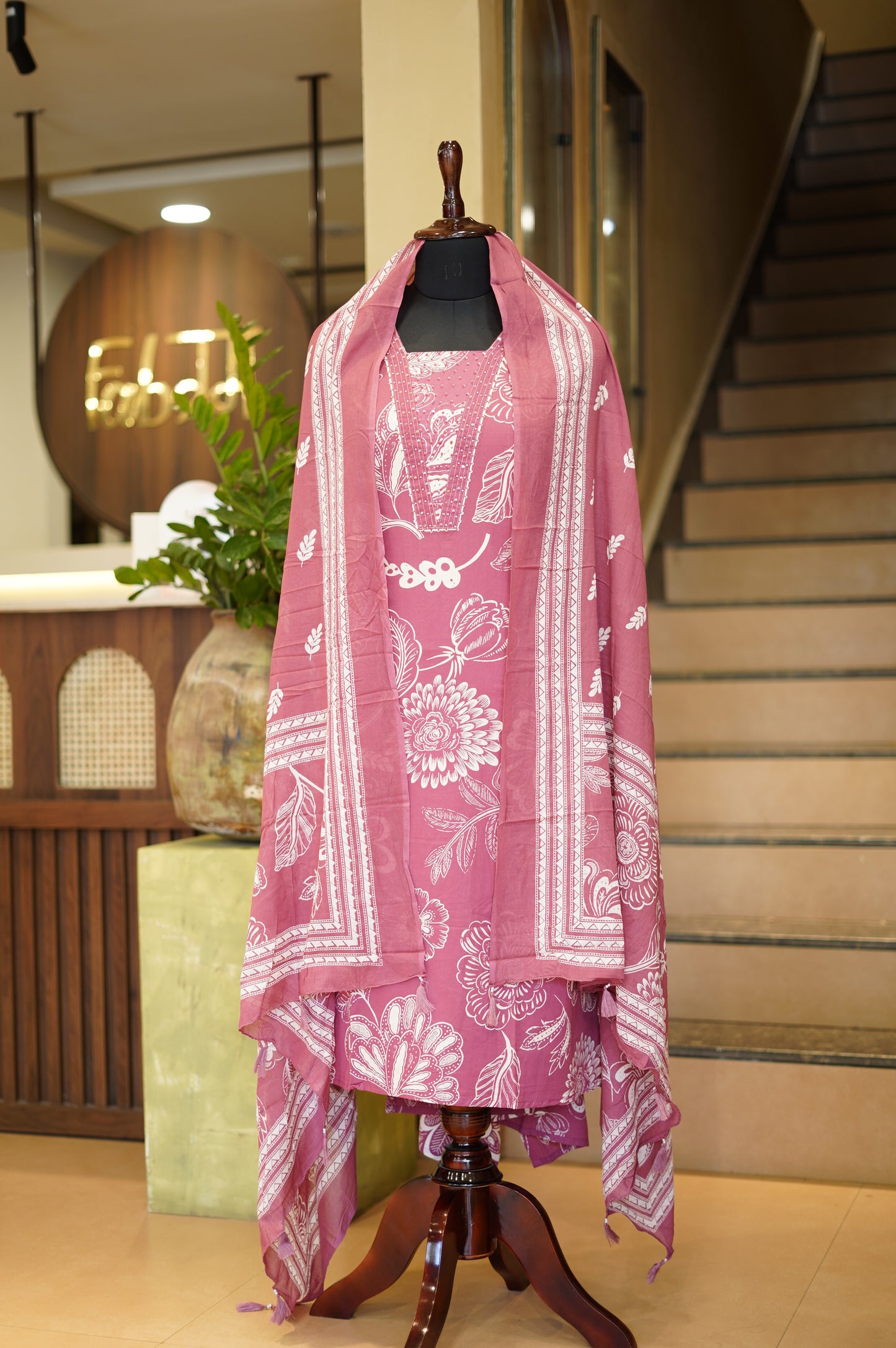 Pink Cotton Printed Suit