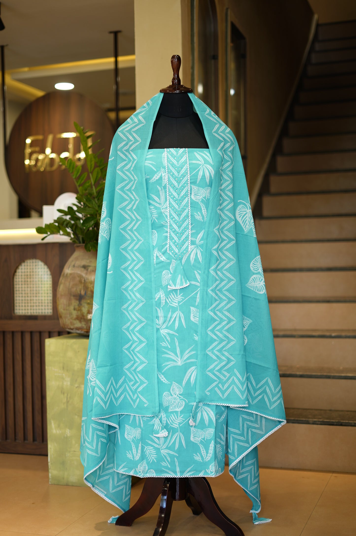 Turquoise Printed Cotton Suit