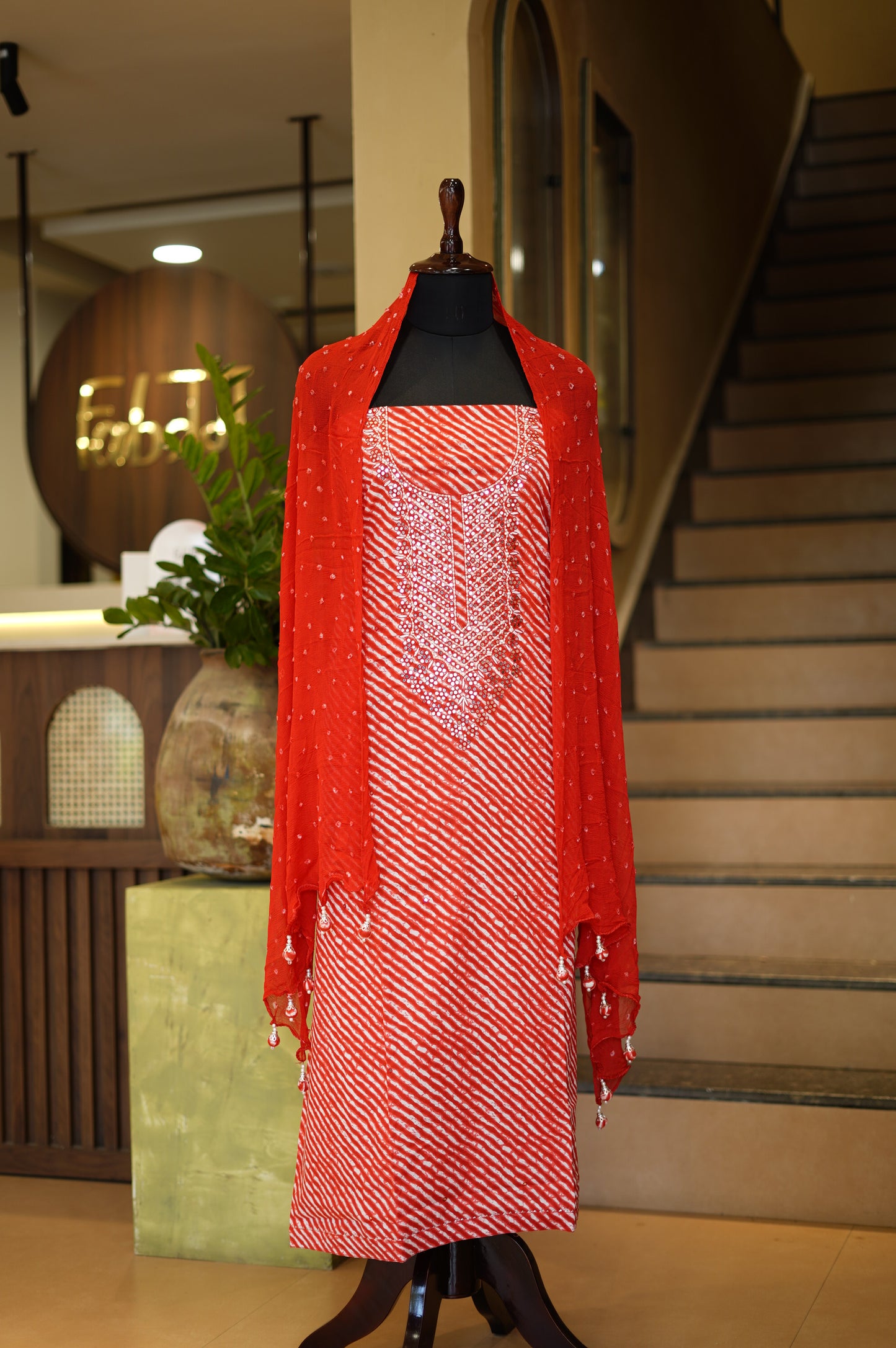 Red Cotton Leheriya Suit with Mirror Work