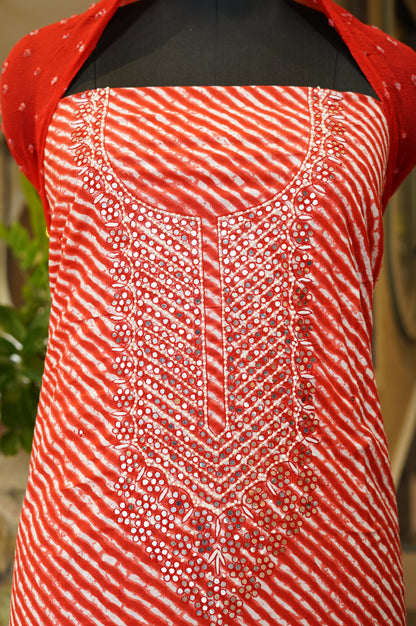 Red Cotton Leheriya Suit with Mirror Work