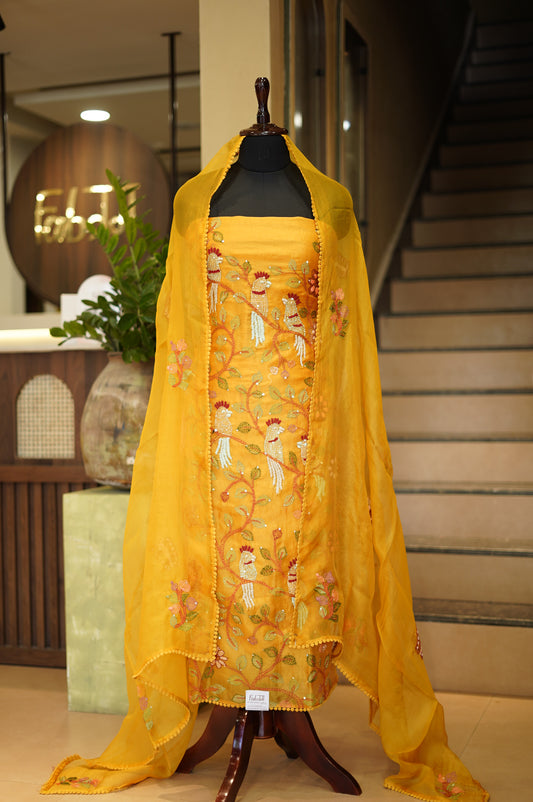 Mustard Silk Organza Suit with Hand Embroidery