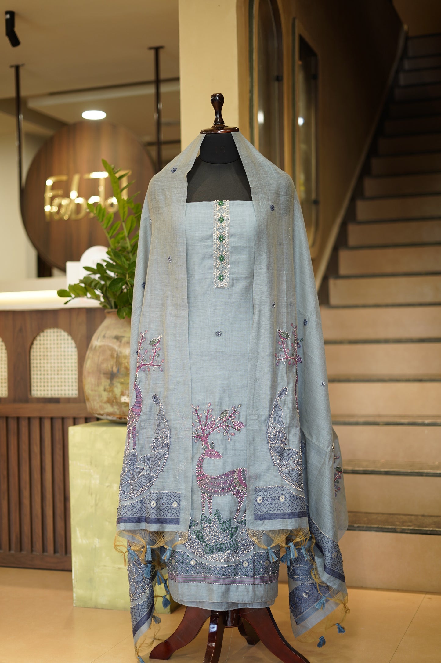 Grey Chanderi Jamdani Suit with Hand Embroidery