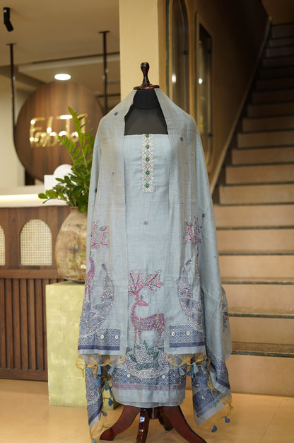 Grey Chanderi Jamdani Suit with Hand Embroidery