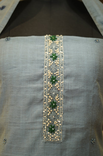 Grey Chanderi Jamdani Suit with Hand Embroidery