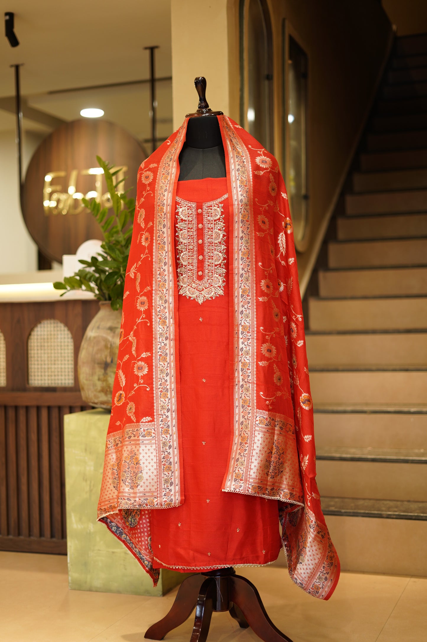 Mehroonish Red Banarasi Dola Silk Suit with Handwork
