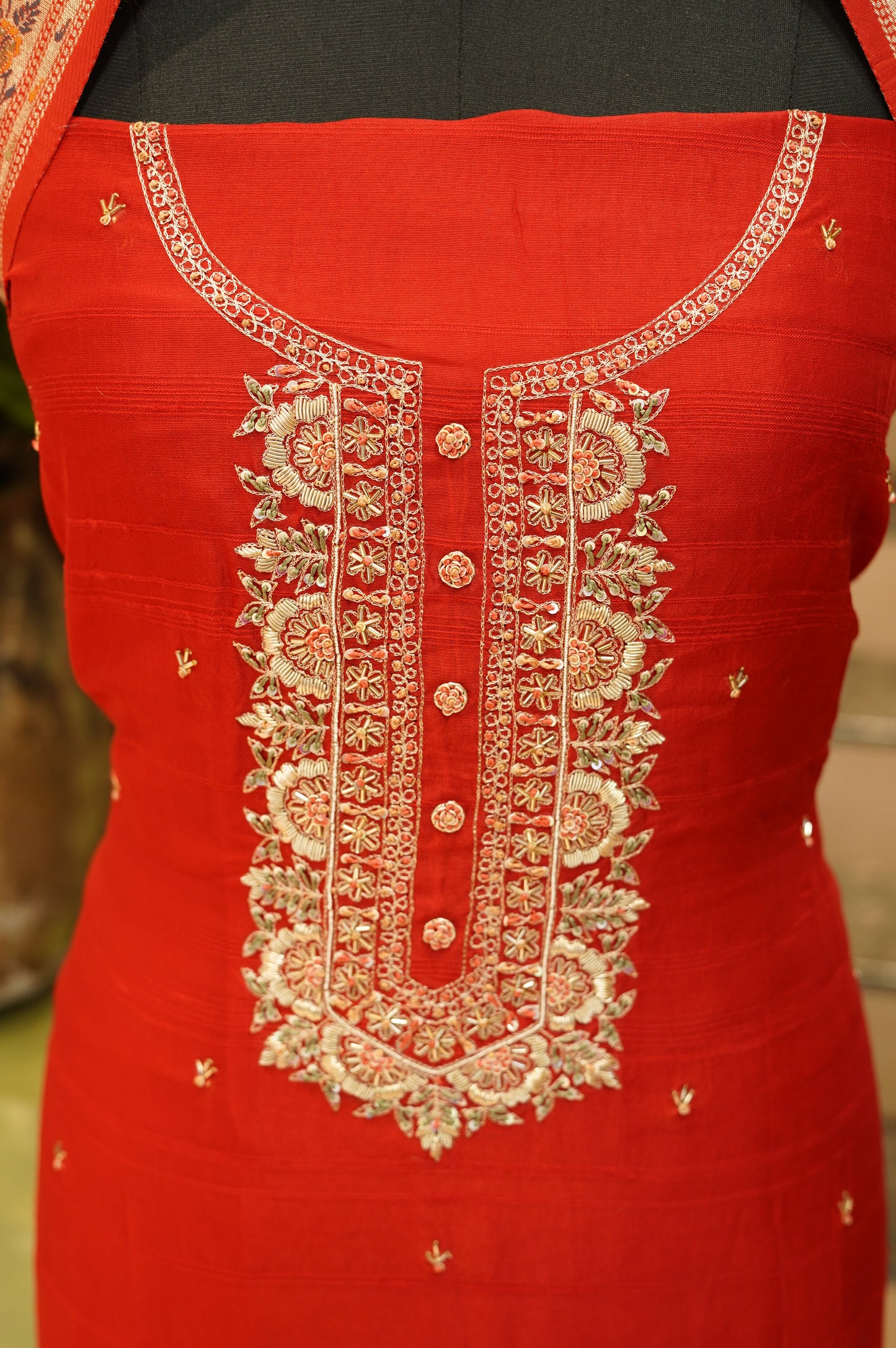 Mehroonish Red Banarasi Dola Silk Suit with Handwork