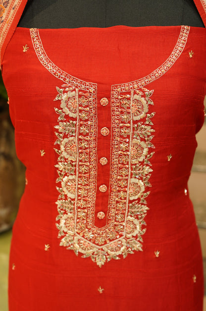 Mehroonish Red Banarasi Dola Silk Suit with Handwork