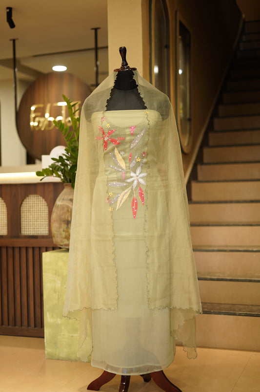 Green Crush Organza Suit with Handwork