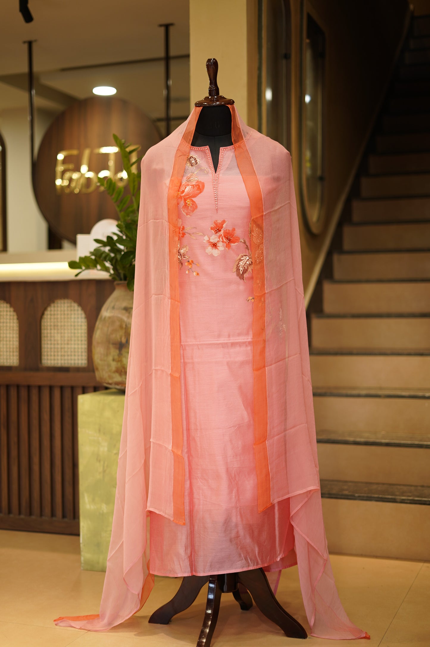 Pink Chanderi Suit with Applique and Handwork