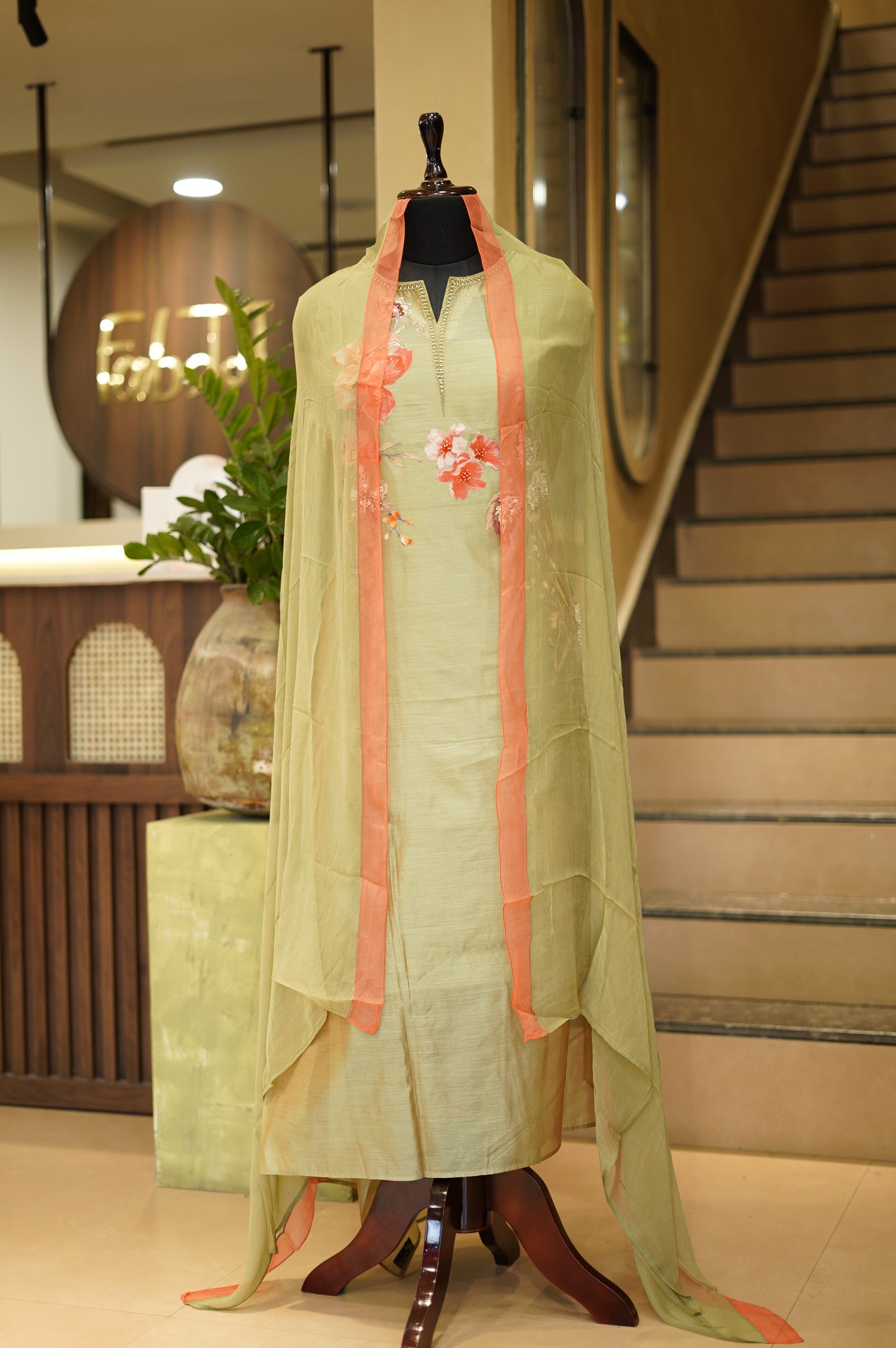 Green Chanderi Suit with Applique and Handwork