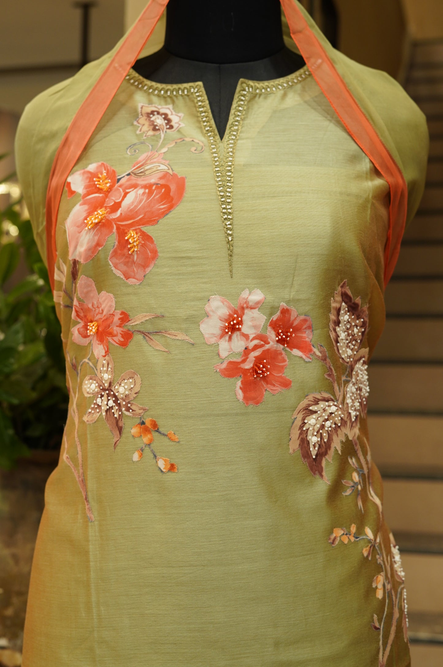 Green Chanderi Suit with Applique and Handwork