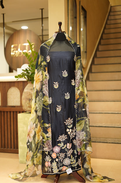 Dark Blue Silk Organza Suit with Handwork