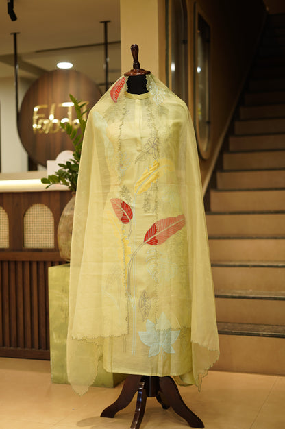 Green Embroidered Chanderi Suit with Applique Work