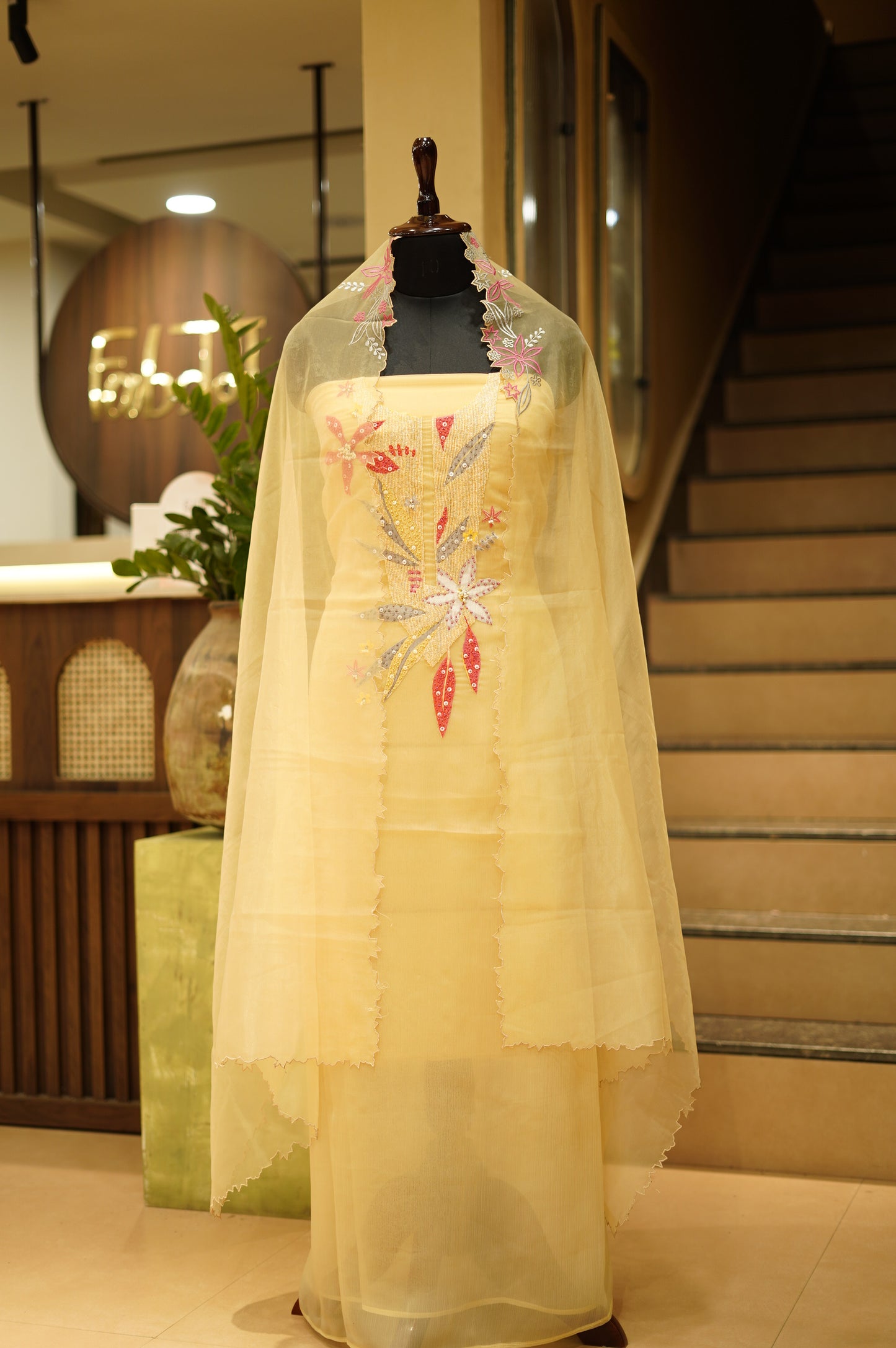 Yellow Crush Organza Dupatta with Handwork
