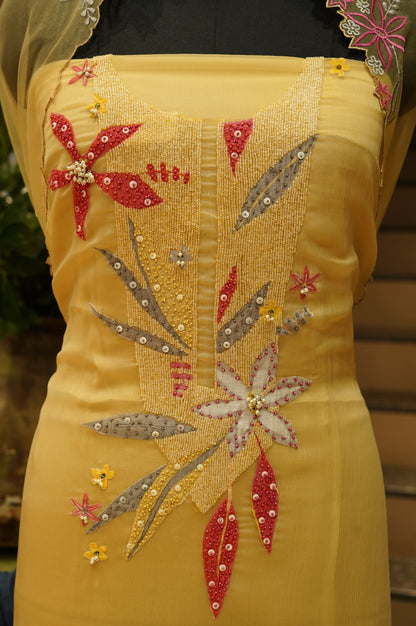Yellow Crush Organza Dupatta with Handwork