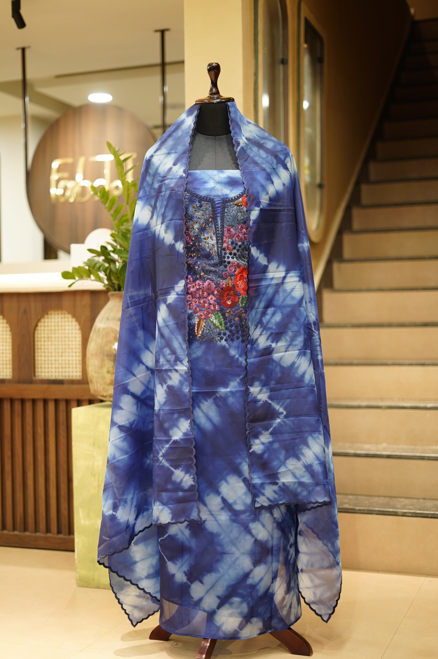 Blue Shibori Glass Tissue Dupatta with Handwork