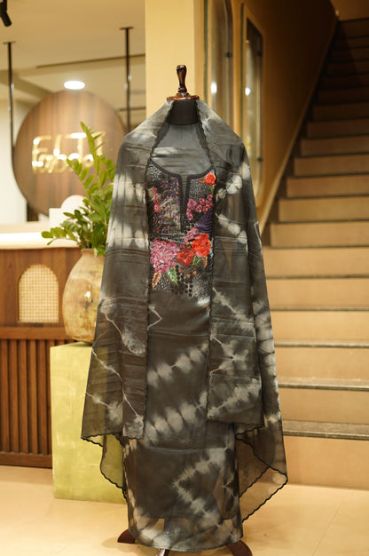 Black Shibori Glass Tissue Suit with Handwork