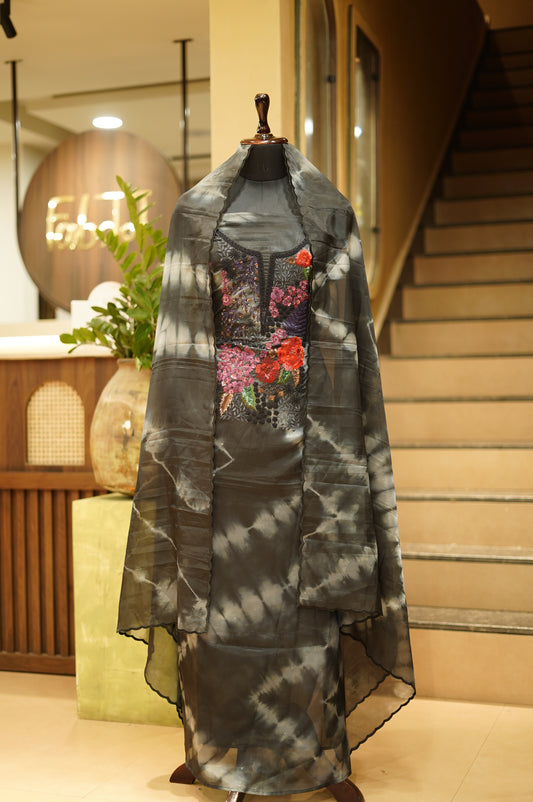 Black Shibori Glass Tissue Suit with Handwork