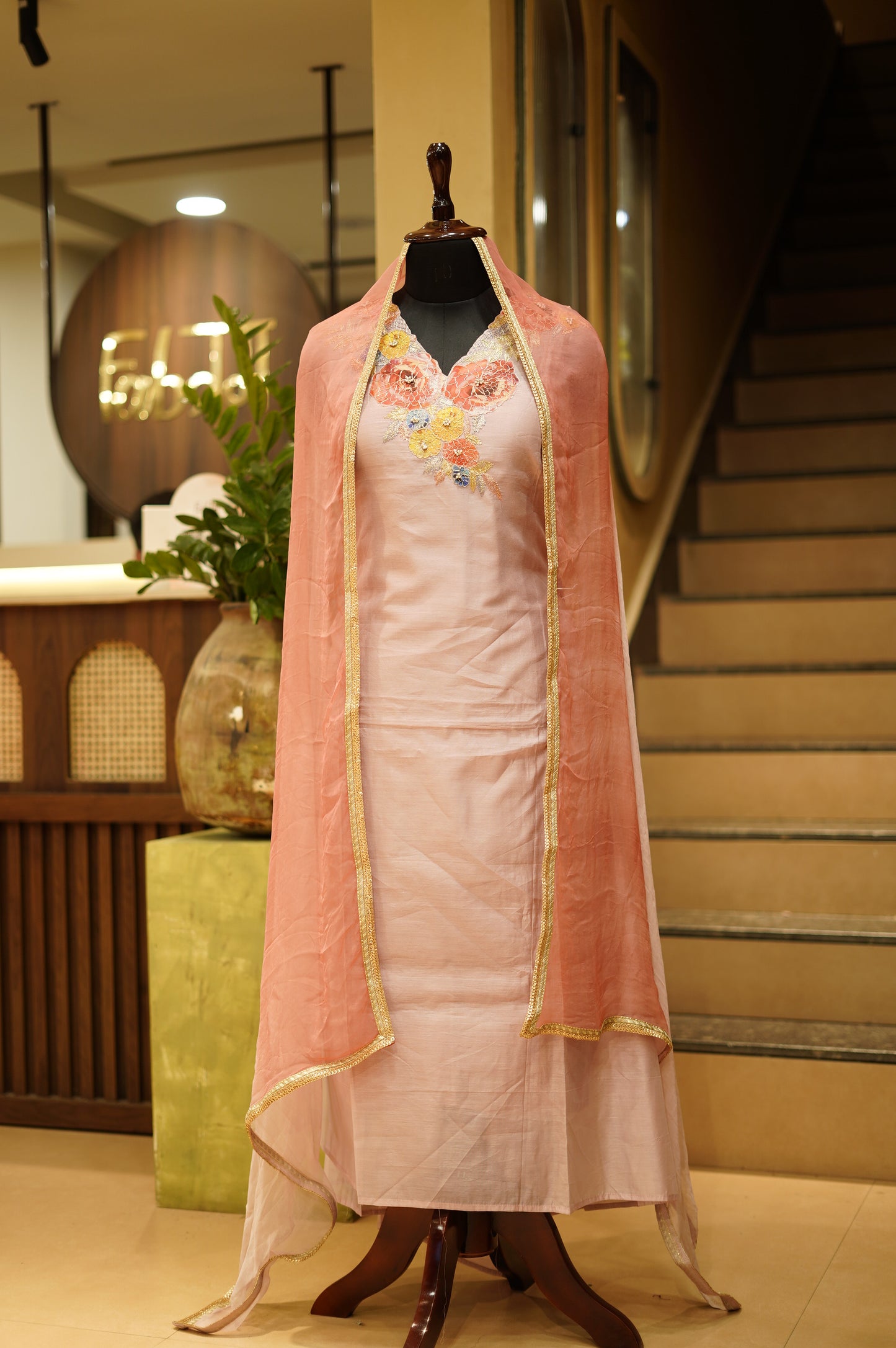 Pink Chanderi Suit with Applique Work