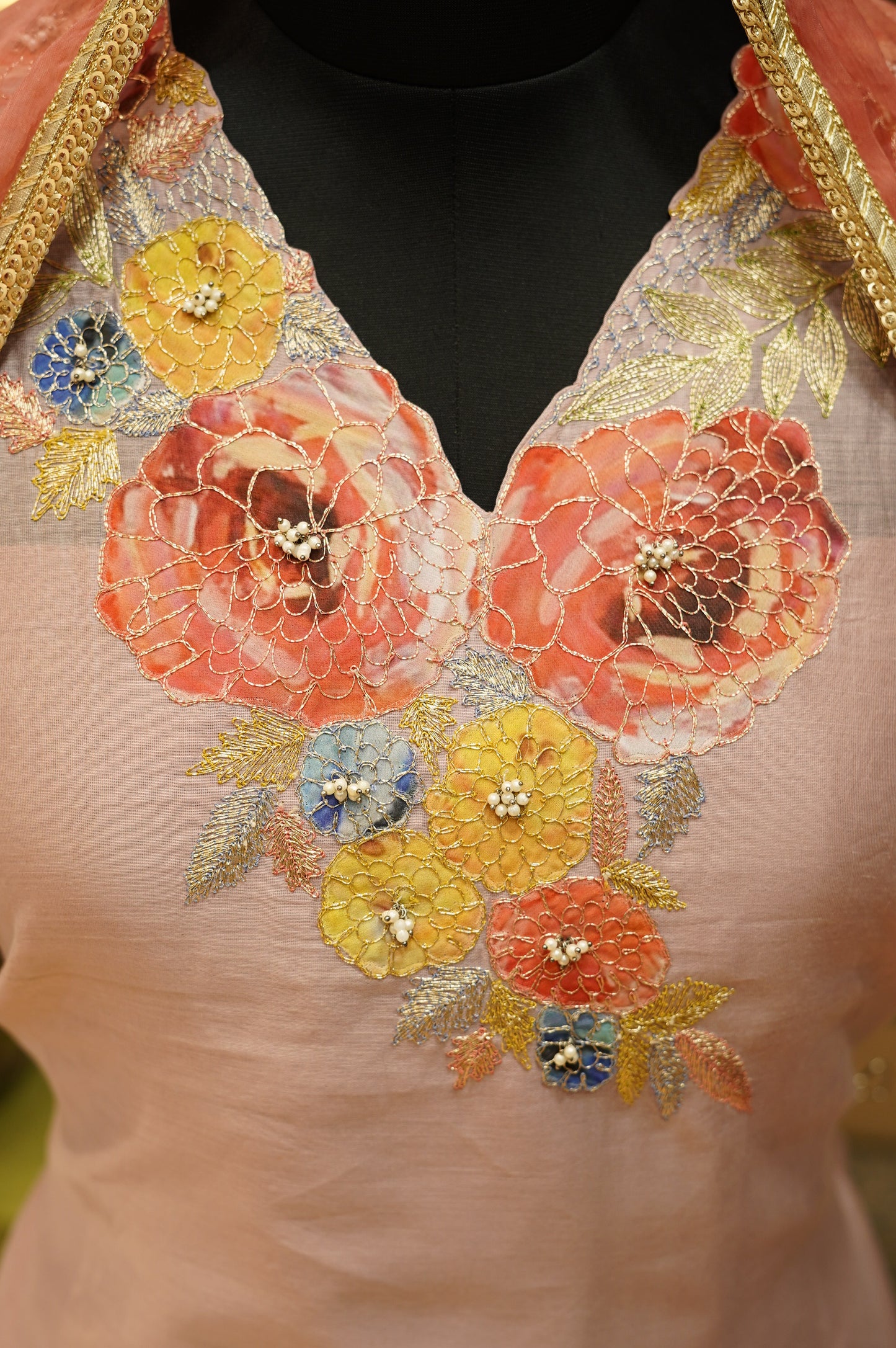 Pink Chanderi Suit with Applique Work