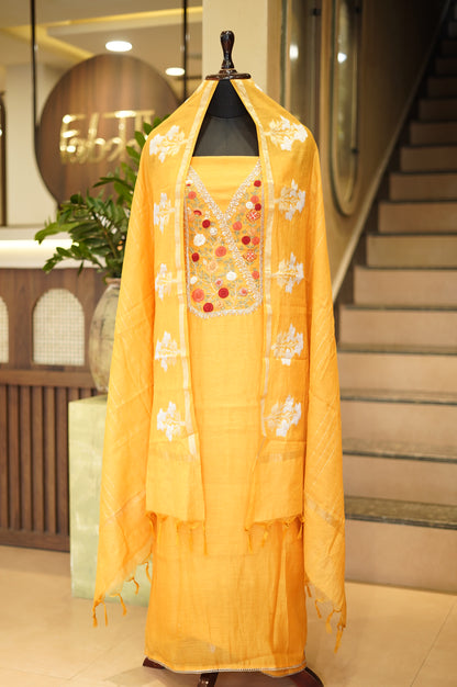 Mustard Mul Chanderi Suit Handwork