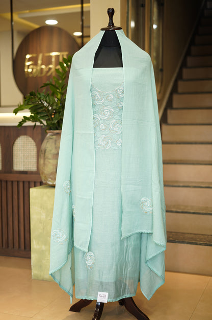 Turquoise Mul Chanderi Suit with Applique Work