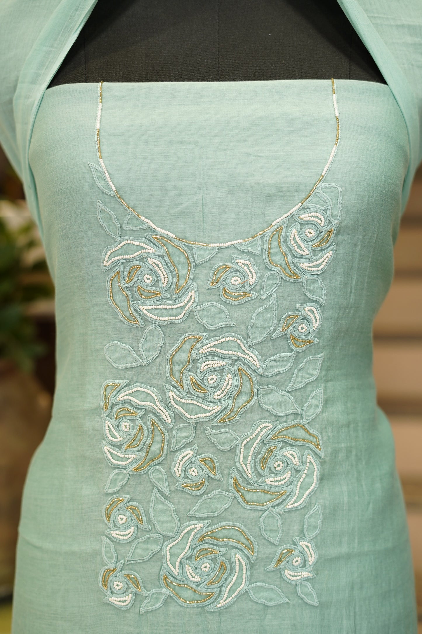 Turquoise Mul Chanderi Suit with Applique Work