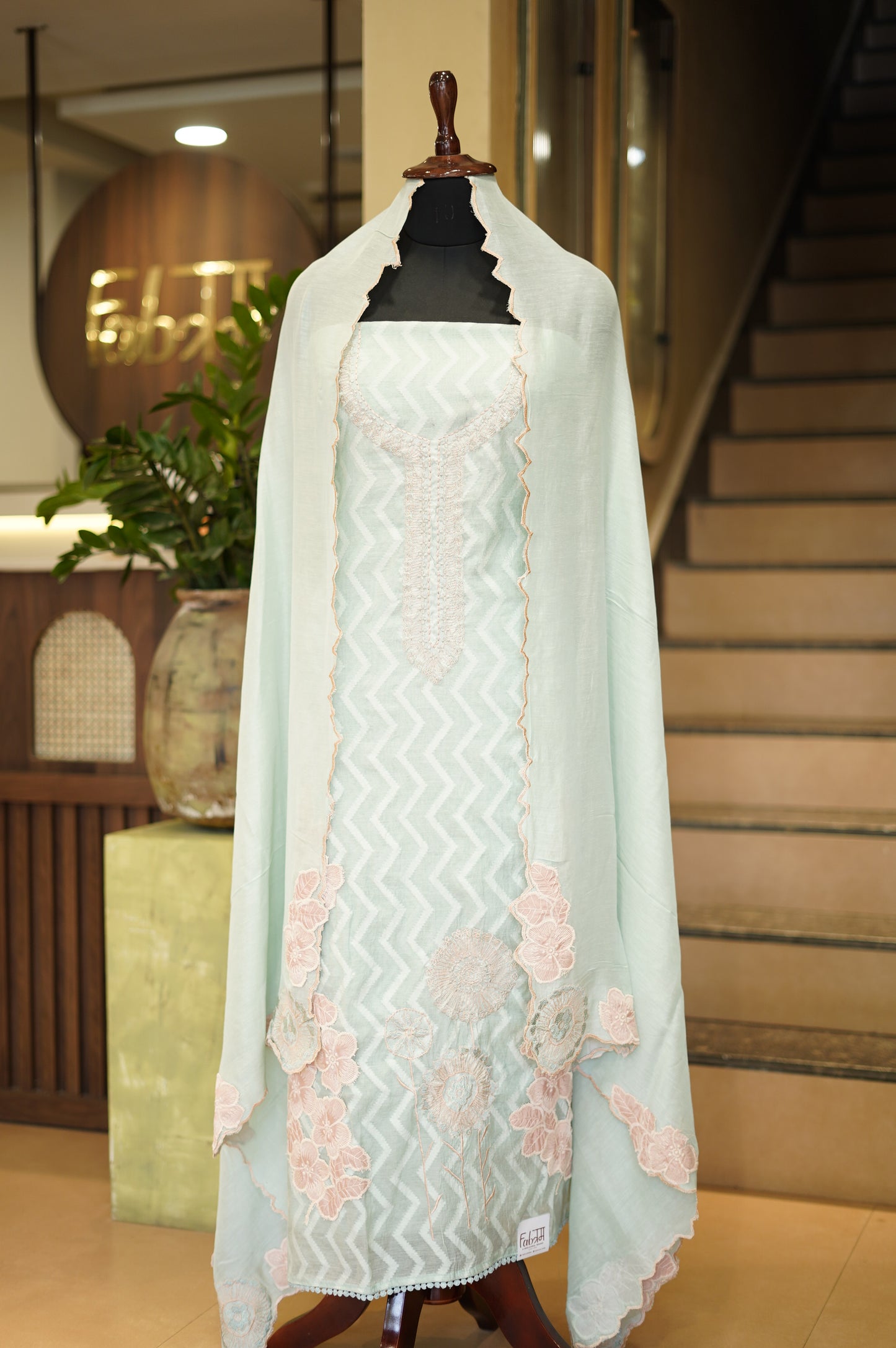 Blue Chanderi Jaquard Suit with Applique Work