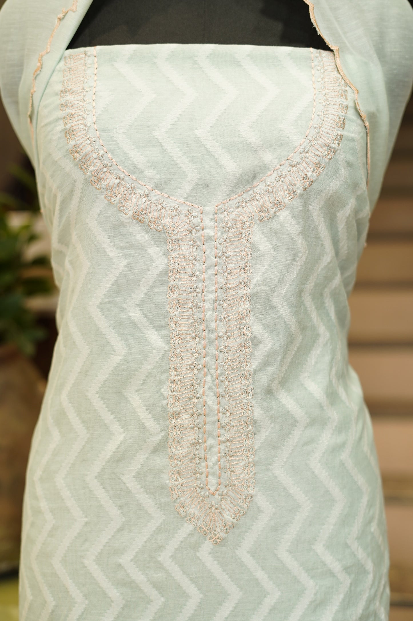 Blue Chanderi Jaquard Suit with Applique Work