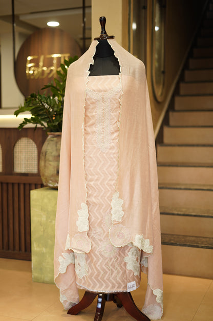 Peach Chanderi Jaquard Suit with Applique Work