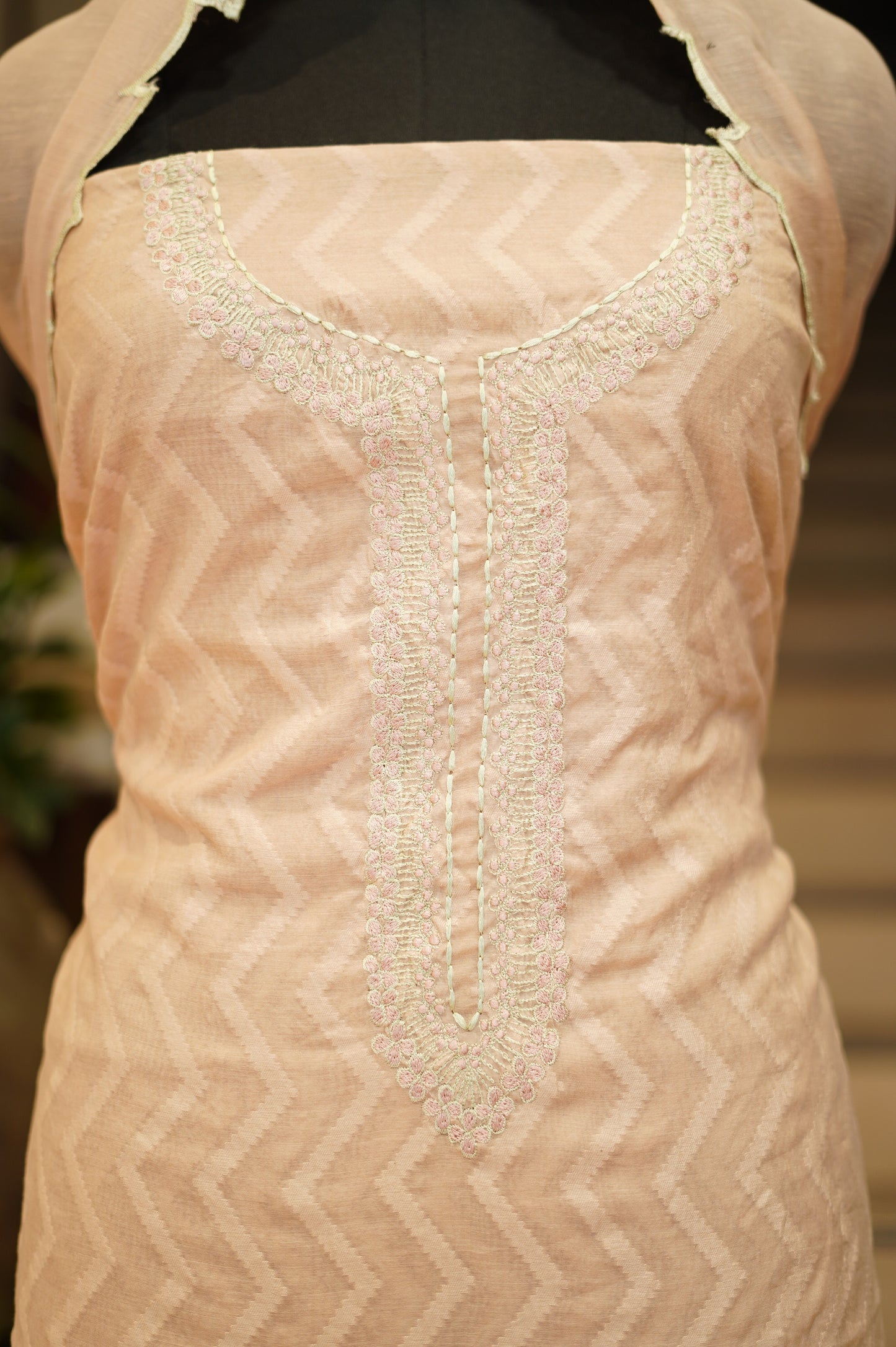 Peach Chanderi Jaquard Suit with Applique Work