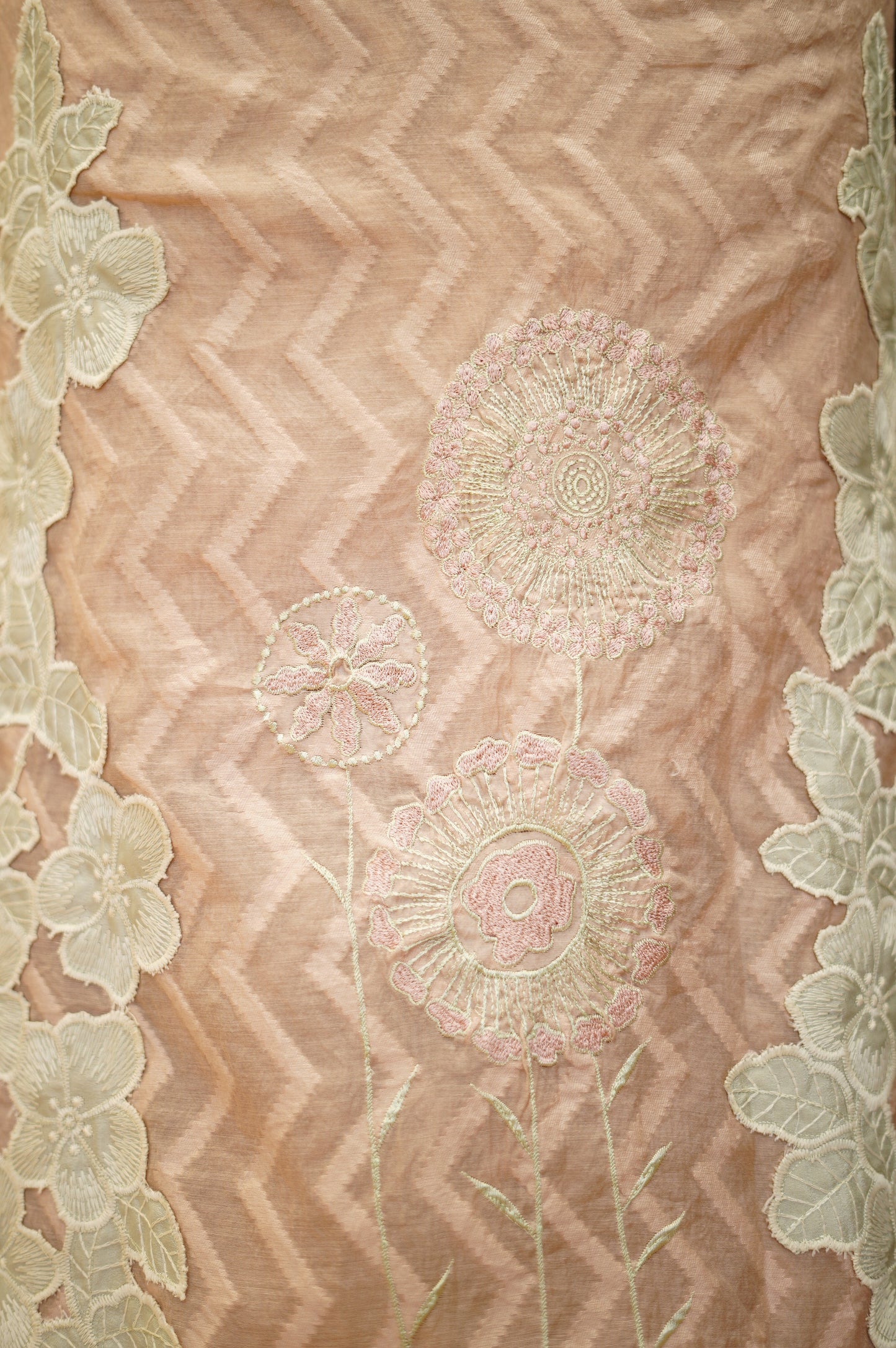 Peach Chanderi Jaquard Suit with Applique Work